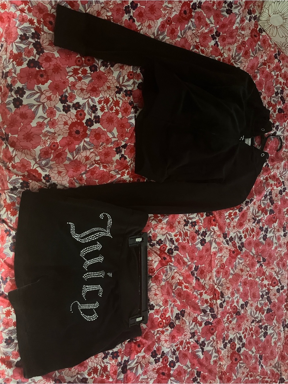 Black Women's Velour Jacket and shorts  Set with Embellished 'Juicy' Detail